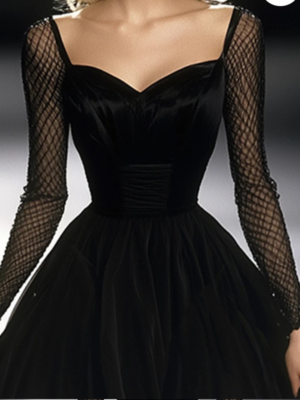 Black Mesh Long-Sleeve Tulle Evening Dress